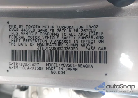 2002 Lexus Es 300 from USA, damaged, VIN JTHBF30G325026330